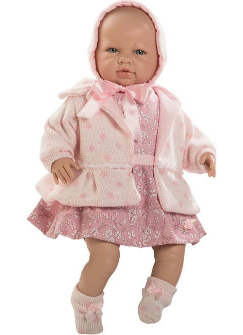 Sara nouveau-né, fille qui pleure avec robe et manteau rose dans un étui