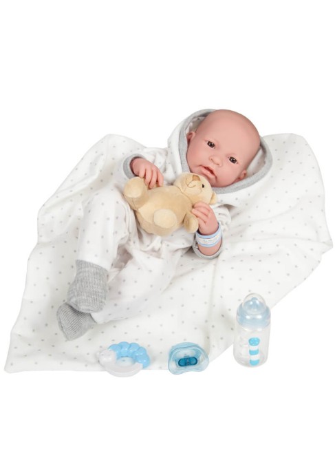 Muñecas Berenguer Boutique la Newborn Newborn Niño Con Vestido Blanco y Gris Con Manta 43 cm