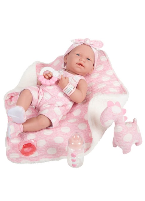 Fille nouveau-née avec une robe et une couverture à pois roses 38 cm