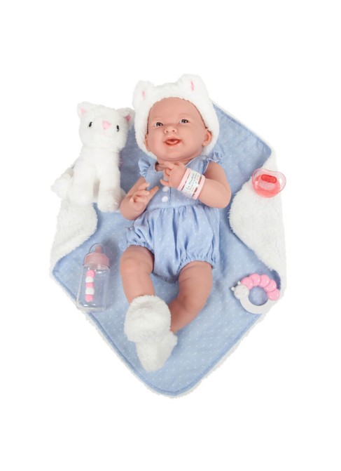 Fille nouveau-née avec robe bleue et couverture bleue 38 cm