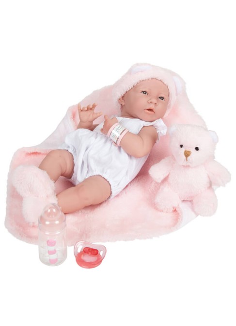 Fille nouveau-née avec robe blanche et couverture rose 38 cm