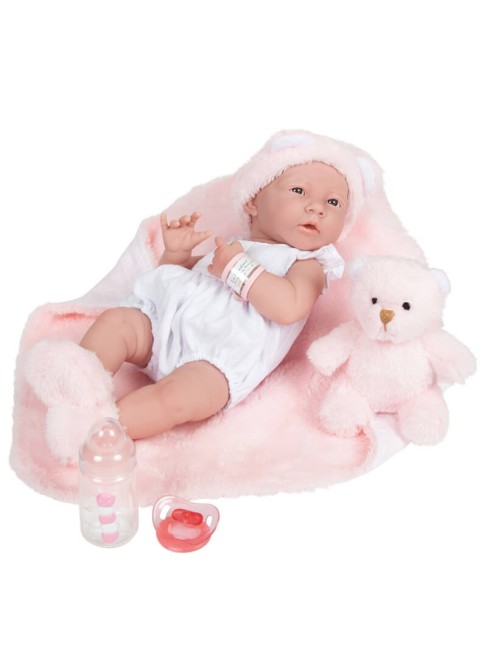 Neonata Con Abito Bianco e Coperta Rosa 38 cm