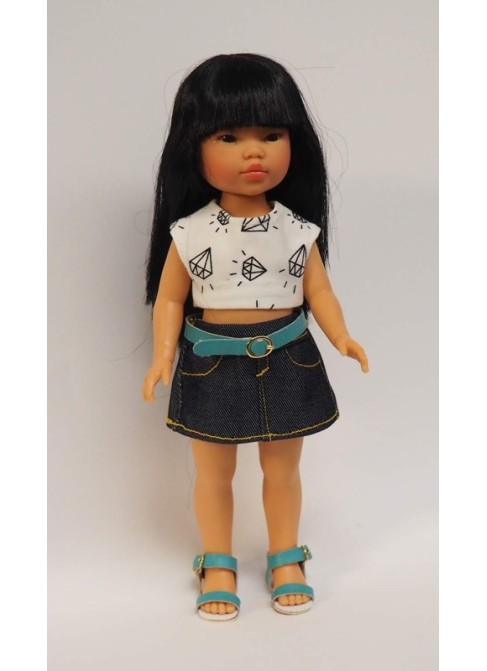 Muñeca Umi Vestida de Azul - conjunto falda denim y camiseta diamantes - 28  cm  - Tienda de muñecas, juguetes y disfraces