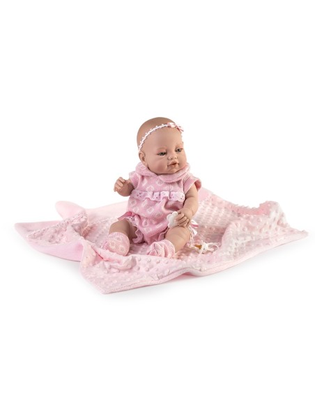 Newborn with pink romper and boxed blanket