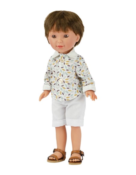 Muñeca Vestida de Azul Paulina 33 Cm Pau Moreno Con Pantalón Blanco y Camisa Estampada 33 cm PAU-8100