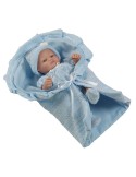 Mini Recien Nacido Con Vestido y Mantita Azul En Caja 27 cm