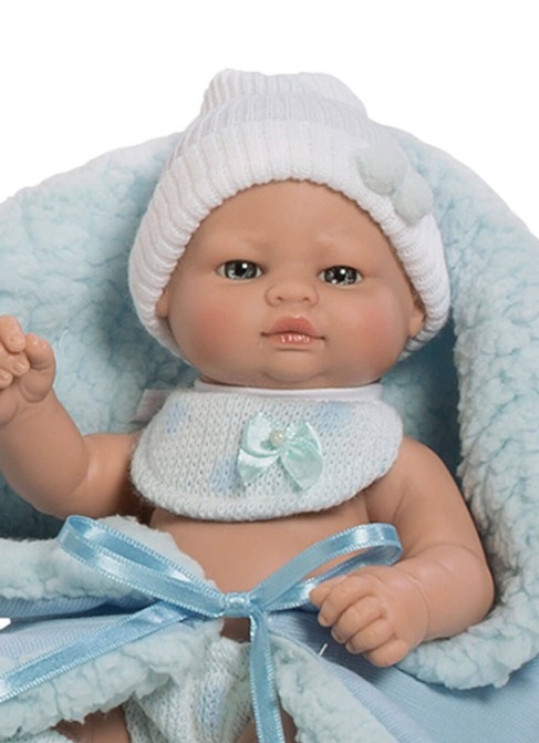 Mini Recien Nacido con babero y mantita azul en bolsa 27 cm