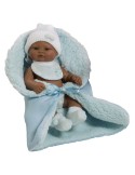 Mini Recien Nacido negrito con babero y mantita azul en bolsa 27 cm