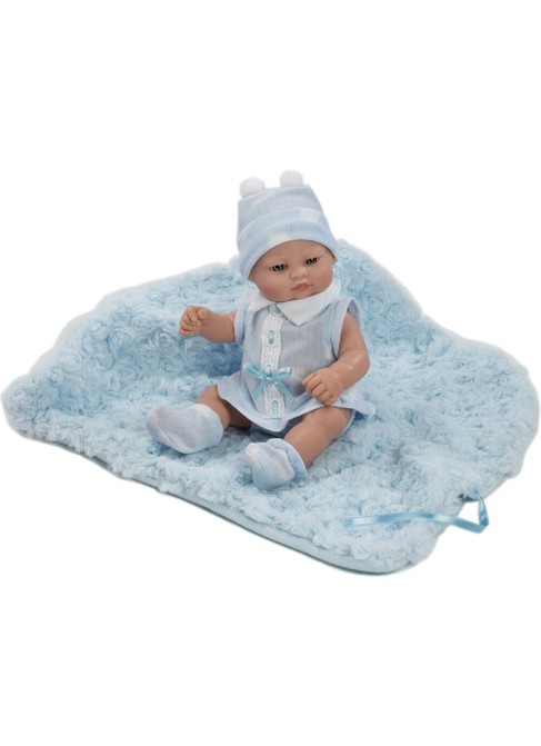 Mini nouveau-né avec costume bleu et couverture dans un sac