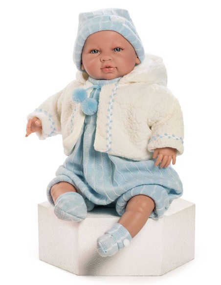 Muñecas Berbesa Sara 50 Cm Saoro recien nacido llorón con traje azul y chaqueta en bolsa