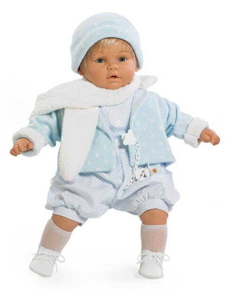 Baby dulzon crying with the blue suit and scarf in the bag