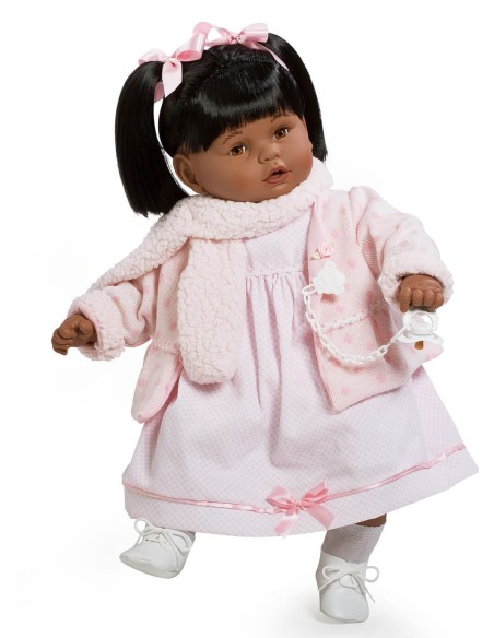 Bébé fille qui pleure audacieuse douce avec une robe rose et une écharpe  dans un sac