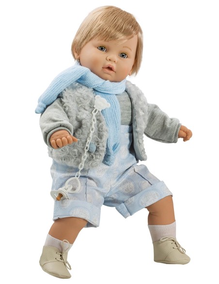 Crying Sweet Baby avec gilet gris dans un sac