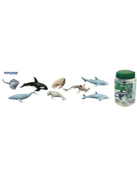 Juguetes Juego Educativo Figuras Animales Miniland Animales Marinos - 8 Figuras en Bote con Asa