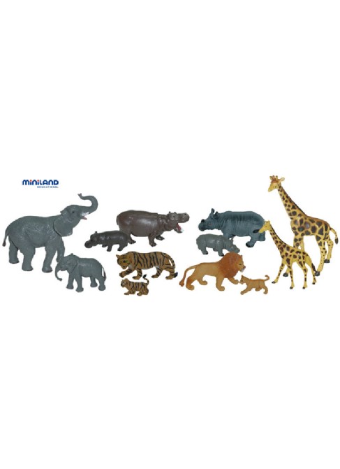 Juguetes Juego Educativo Figuras Animales Miniland Animales Salvajes con Bebés - 12 Figuras en Bote con Asa