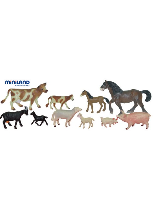 Juguetes Juego Educativo Figuras Animales Miniland Animales Granja con Bebés - 10 Figuras en Bote con Asa