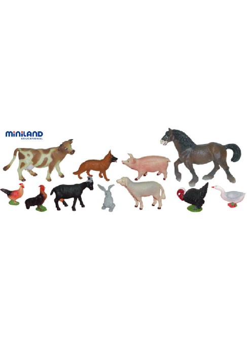Juguetes Juego Educativo Figuras Animales Miniland Animales Granja - 11 Figuras en Bote con Asa