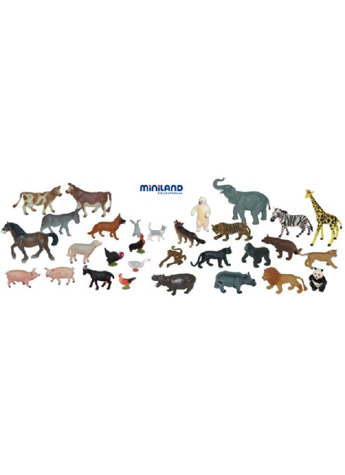 Juguetes Juego Educativo Figuras Animales Miniland Animales Granja y Salvajes - 30 Figuras en Contenedor
