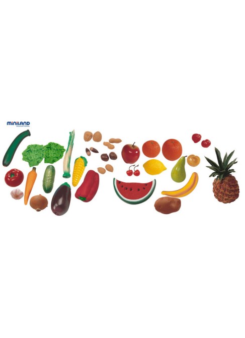 Juguetes Juego Educativo Juguete Simbolico Comida Miniland Surtido Frutas, Hortalizas y Frutos Secos 36 pcs en Contenedor